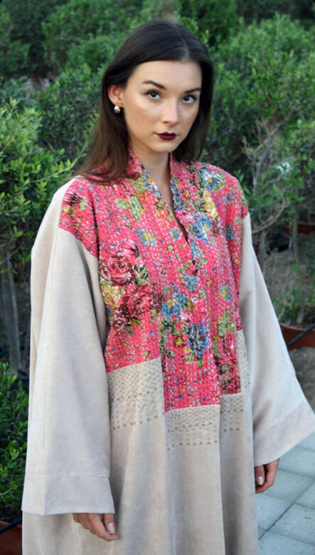 Fashion Abaya, corduroy Beige & pink Embroidery