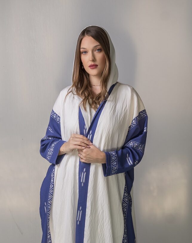 Classic Abaya white & blue with threaded embroidery