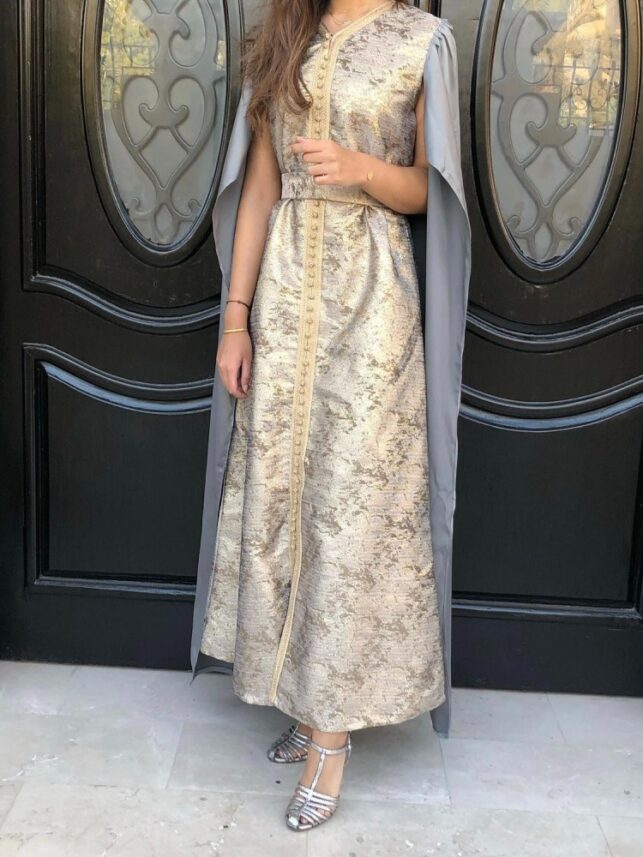 Tail dress Crepe gold & gray with belt