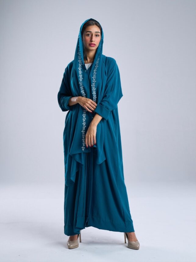 Embroi Abaya, Aqua marine crepe with big pearl botton