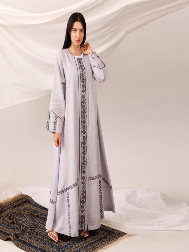Long Cardigan, Linen light gray w/ black embroiery