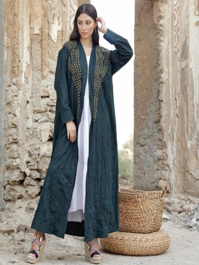 Embroi Abaya, Dark green with leafy embroi cotton