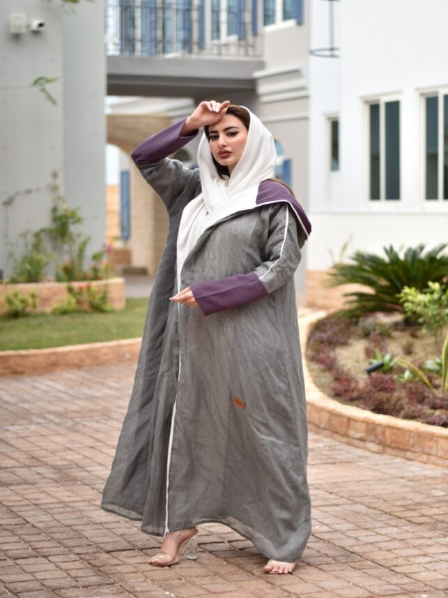 Hoodie Bisht, Gray with purple on hand linen material
