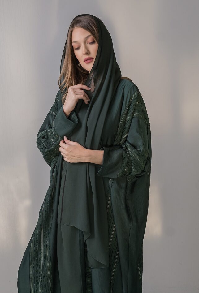 Colored Abaya, Green velvet line satin material