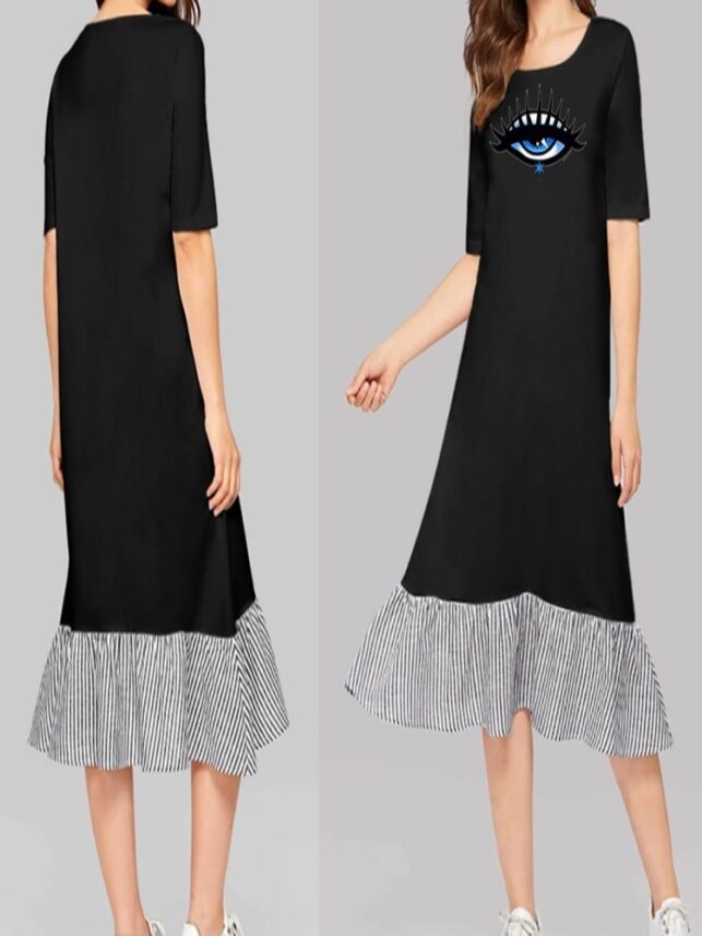 "T- shirt Dress eye printed, black w/ checkered on  bottom"