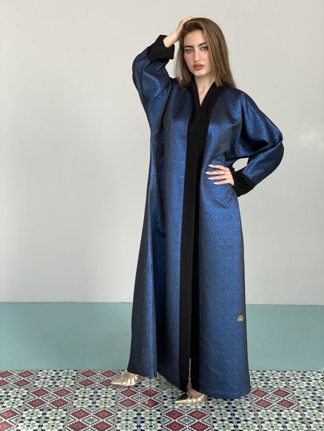 Colored Abaya, "A line style glossy blue with black crepe materials"