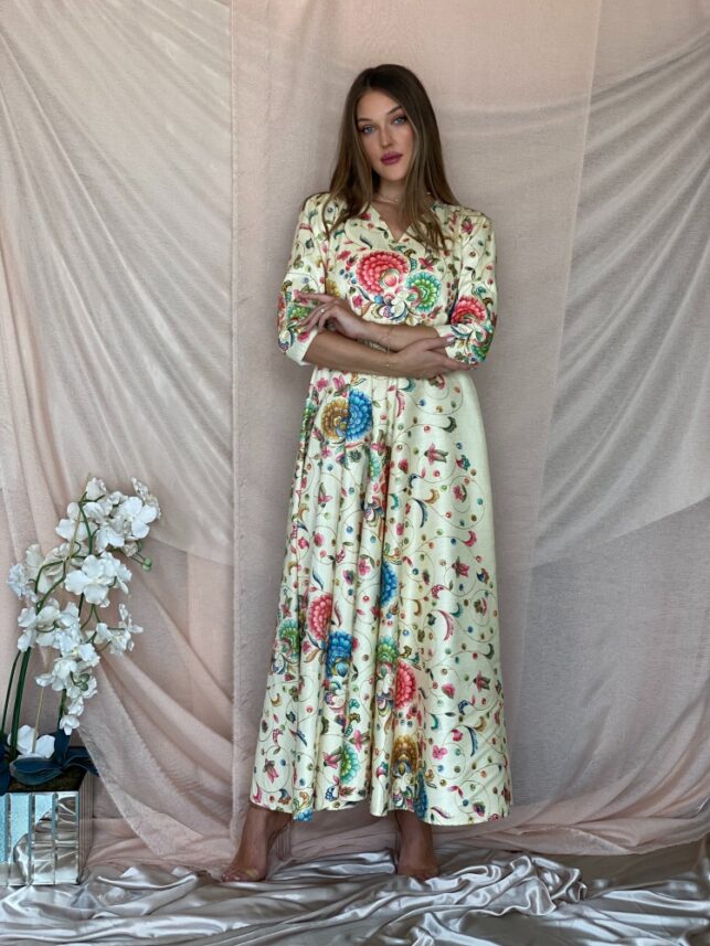 A line Dress, Cream on crepe Floral embroidery