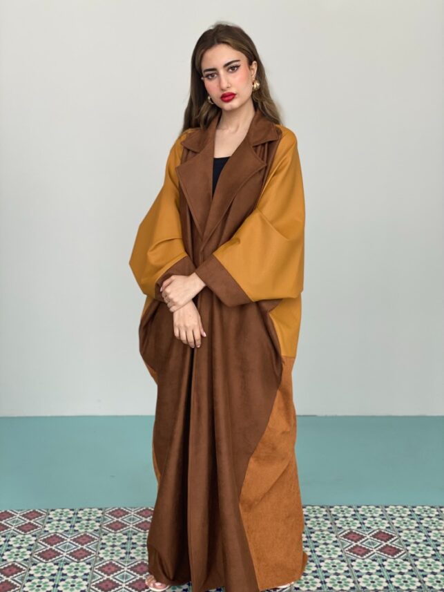 Winter Bisht, "Mixed up with leather & hemp brown & neon yellow"