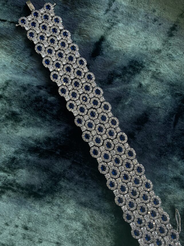 Occasional bracelet, Wide elegant coated silver w/ faux sapphire & Crystal stone