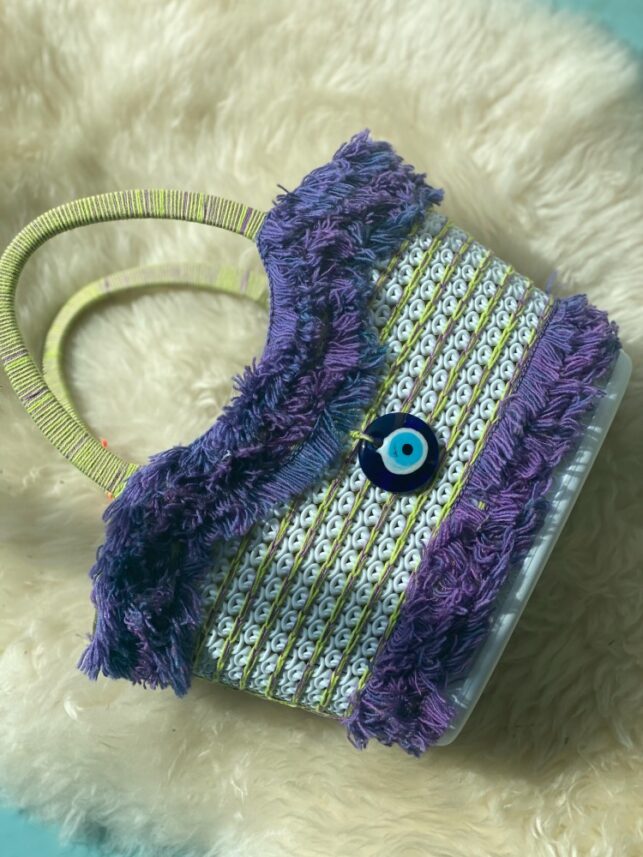 Summer native basket bag, Purple on handmade design w/ evil eye