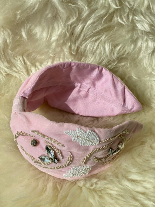 Taj, "Baby pink beaded w/ leafy & flower design"