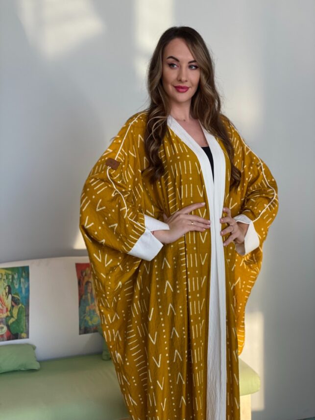 Printed Abaya, "neon yellow linen with white piece on hand  & front"