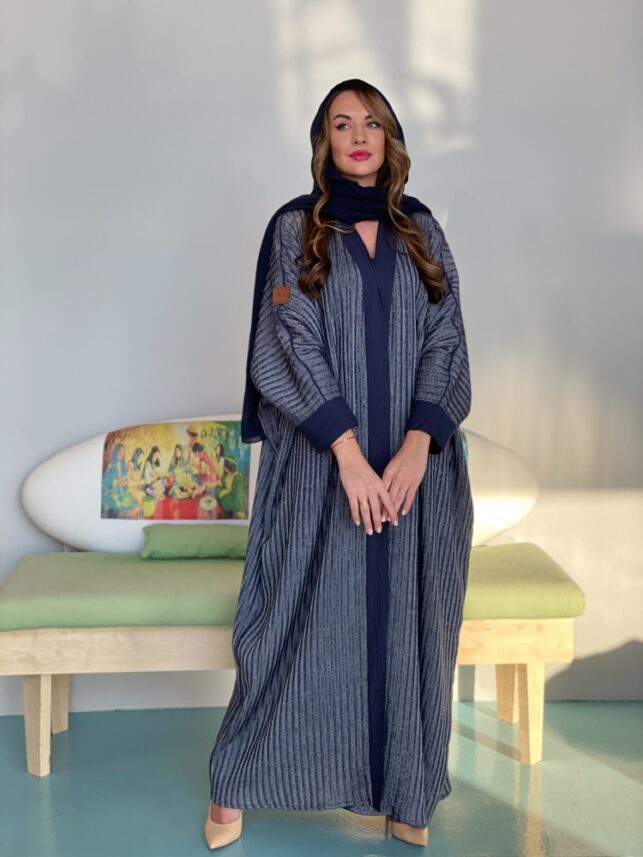 Corduroy Abaya, Stripe navy blue with navy blue piece on hand