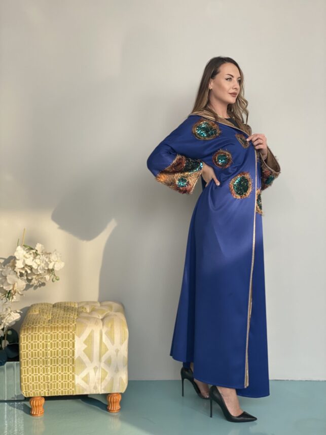 Hoodie Winter Bisht "Hemp blue with bronze velvet lining beaded front & on hand"