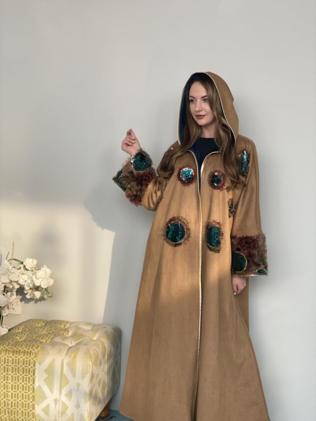 Hoodie Winter Bisht, "Hemp brown with blue violet lining beaded front & on  hand"
