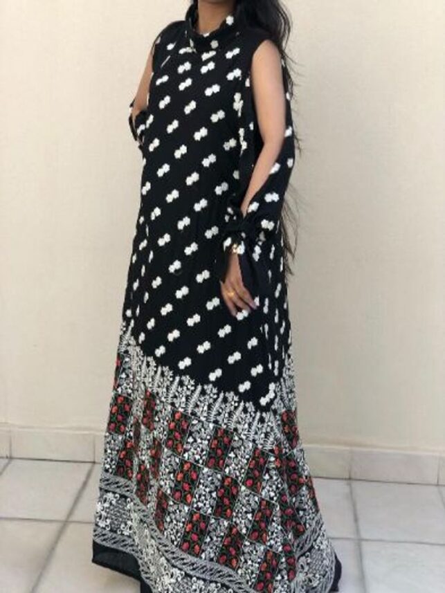 Close neck dress, Black w/ flower embroidery cotton materials