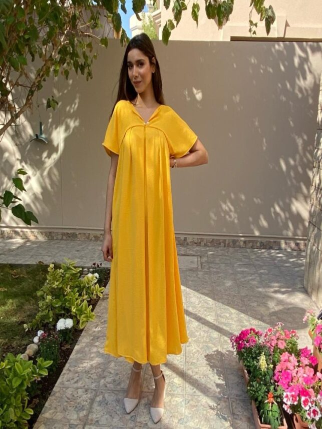 Maxi dress, Golden yellow with pearl button
