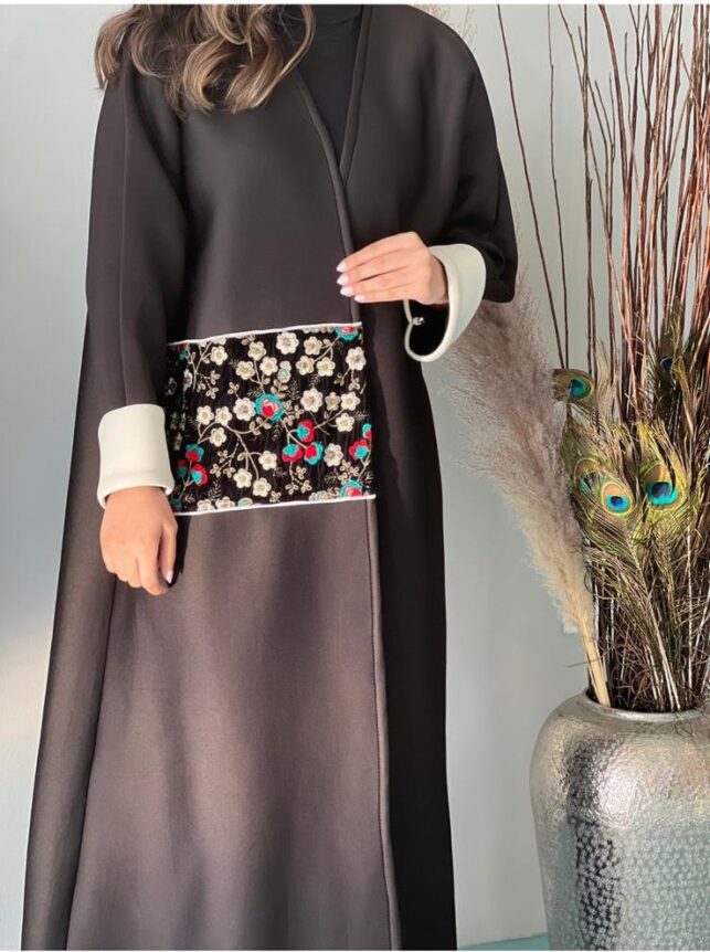 Winter Abaya, black foamy material with side embroidery