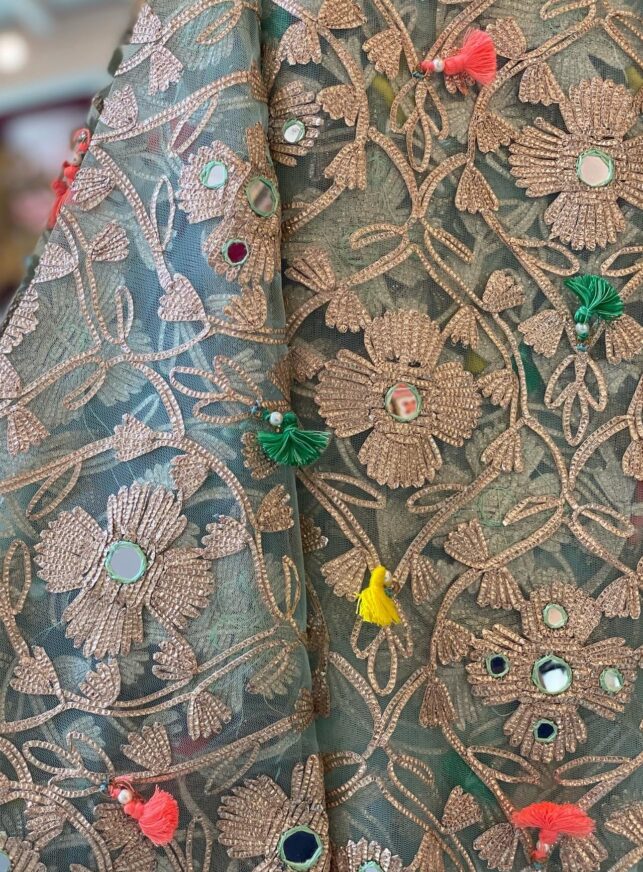 Full embroidery fabric w/ net material and gold flower and tiny mirrors design