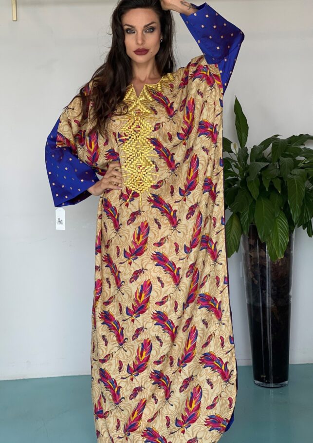 Modern Jalabya, Cotton materials floral beige w/ blue on hand