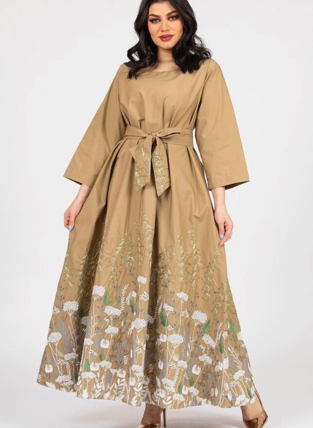 Long Caftan, lower side flower embroidery w/ belt