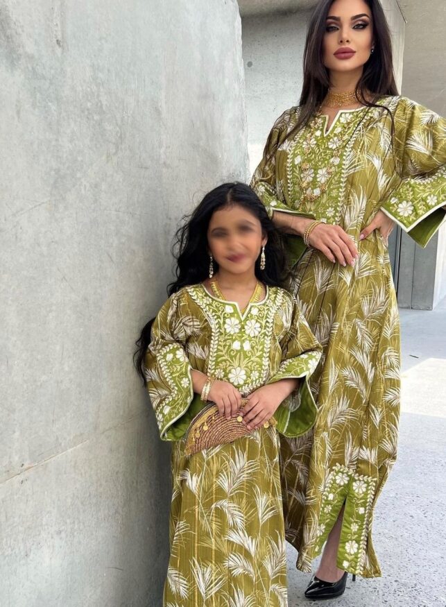 Mom & Daughter pair dress, Cotton materials Palm design