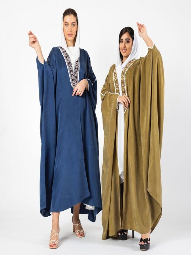 Modern Abaya, Satin material Olive color w/ beads frontage