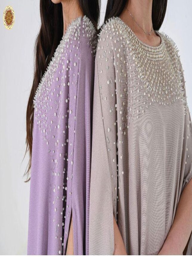 Cape dress, crepe materials w/ brown violet color and beaded frontage