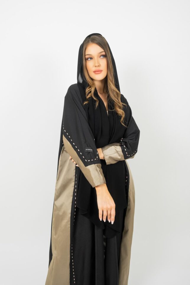 Modern Abaya, black & bronze satin materials