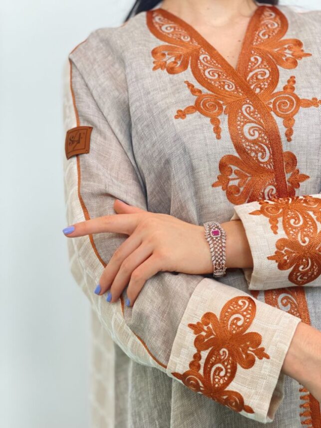 Modern Abaya linen materials with bronze embroidery