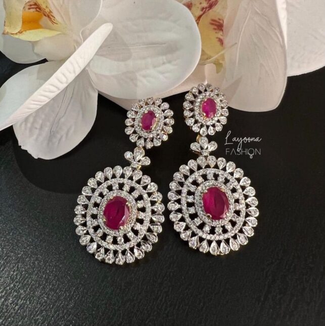 Teardrop earrings, faux ruby and crystal