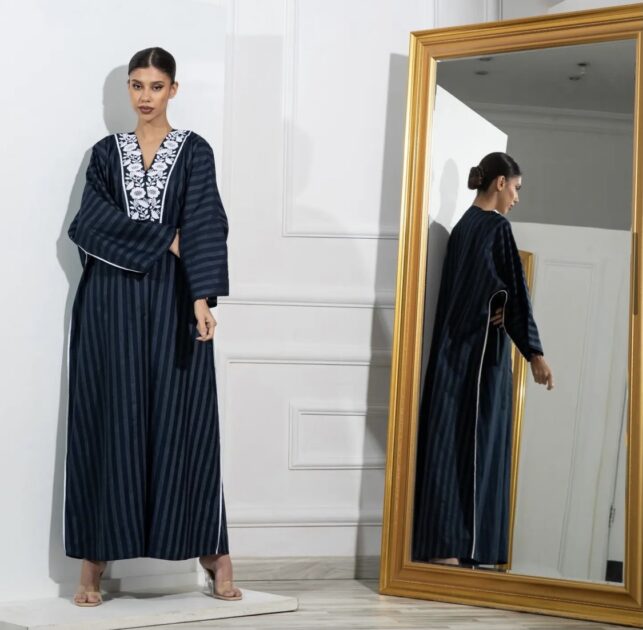 Modern Abaya, Stripe w/ white embroidery, linen cotton materials