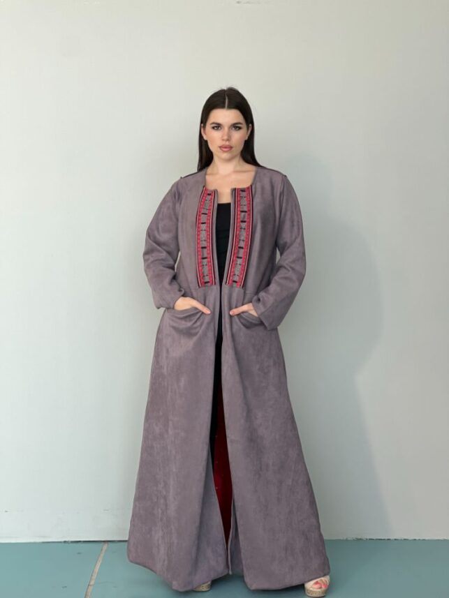 Long leather coat with embroidery