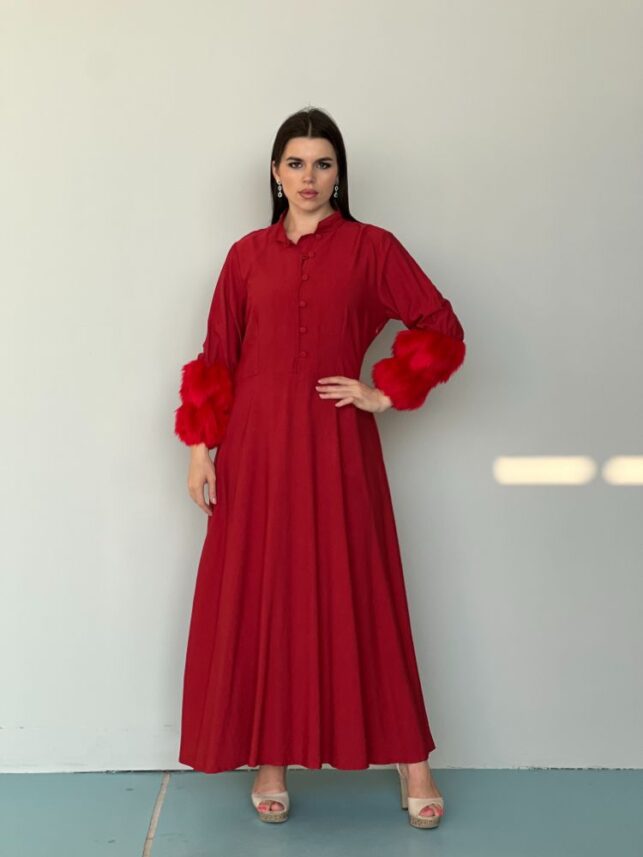 Long dress with fur linen cotton materials