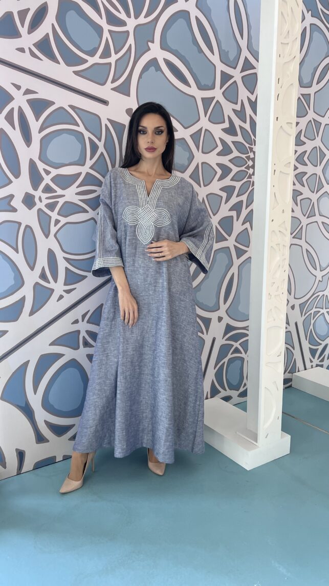 V-neck jalabiya, cotton linen materials