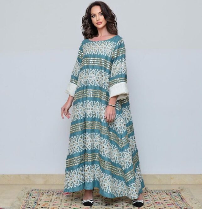 Long mirror A line dress , cotton and mirror style materials