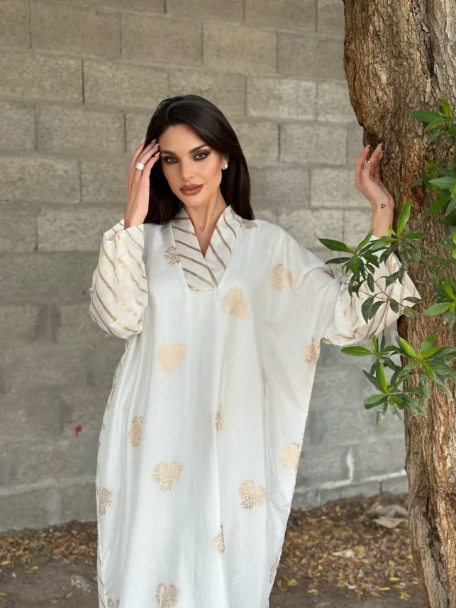 V-neck Jalabiya, Crepe linen materials