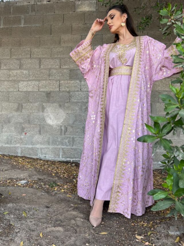 2pc. Moroccan Dresses with belt & gold embroidery, Linen materials