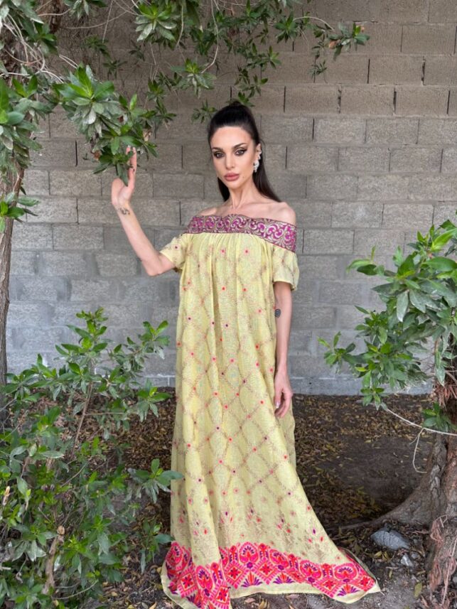 Off shoulder dress, with golden embroidery, linen materials