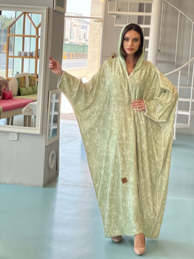 Printed colored abaya, glossy materials with crystal beads