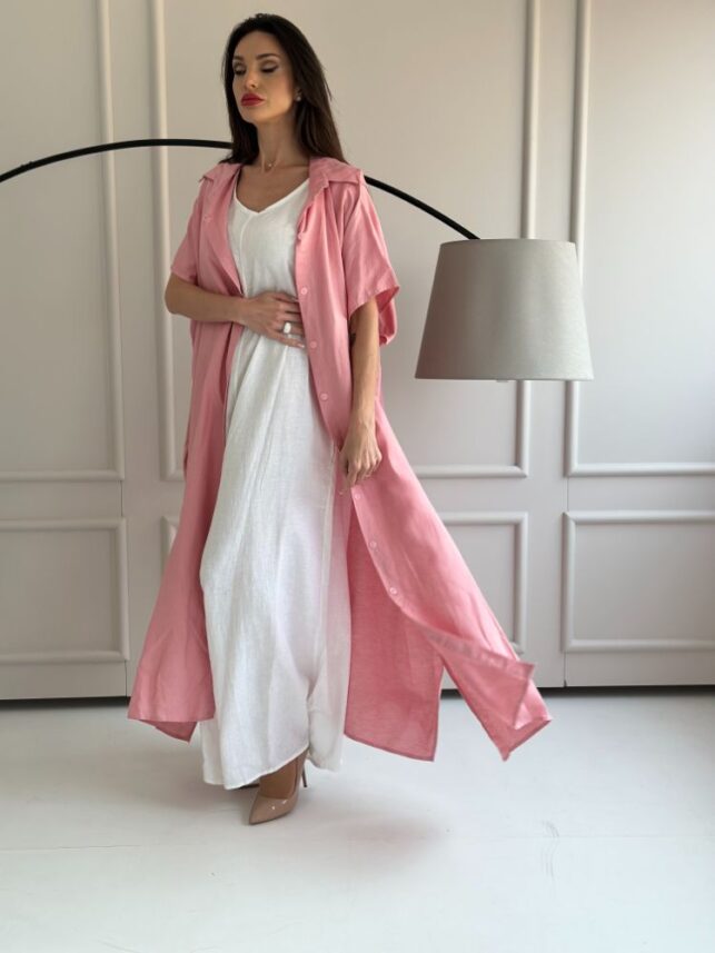 2pc  Linen Collar cardigan with plain jumpsuit