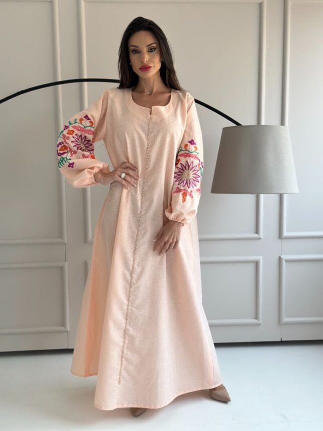 Long sleeve round neck Jalabiya w/ colored stitches designs, Linen materials