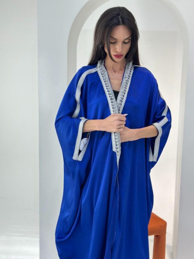 Cape cardigan with silver cord, glossy materials