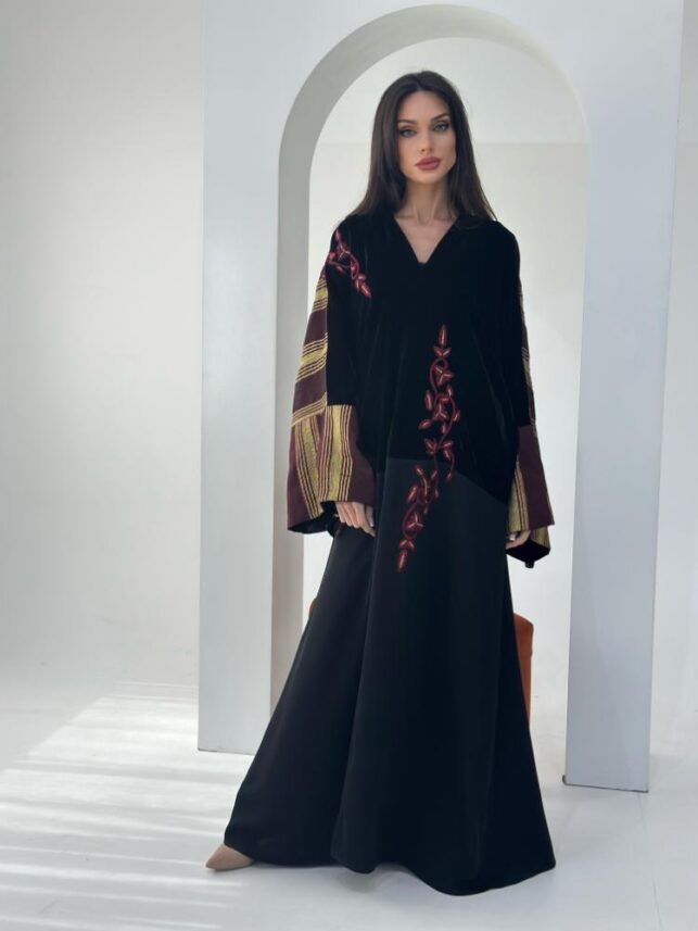 Stripes A line with embroidery Abaya, Spandex, velvet & French terry materials