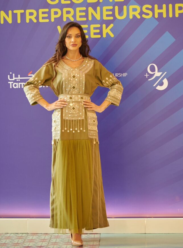 Modern Jalabiya with belt & white embroidery, linen cotton  & tulle materials