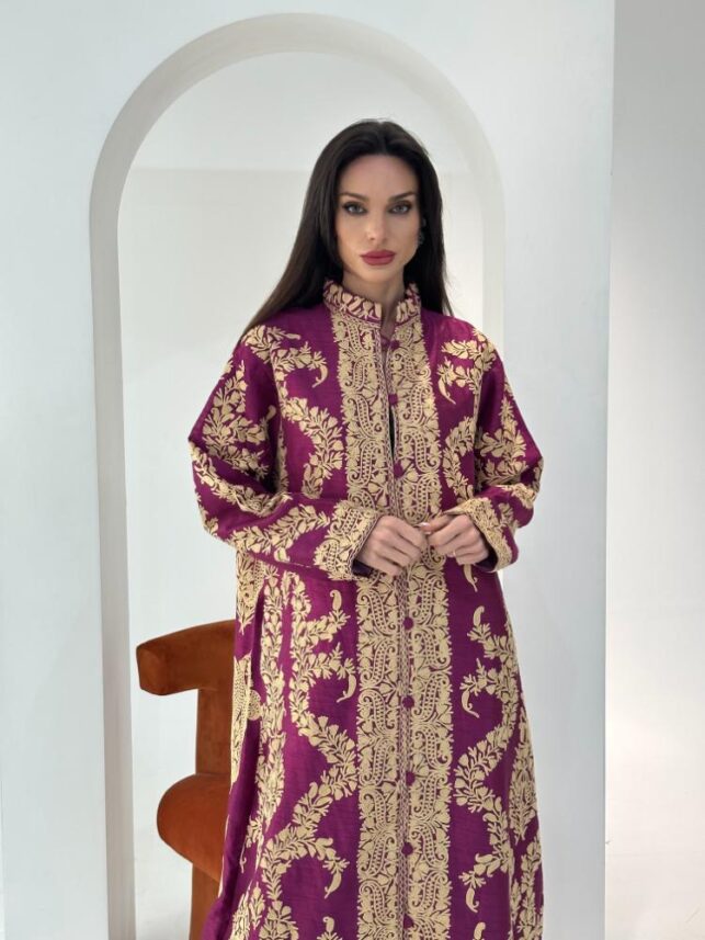 Full embroidery close neck Jalabiya, Cotton linen materials