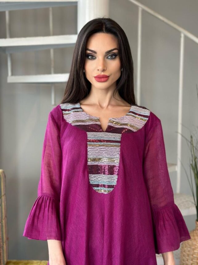 A line dainty  beaded design dress, linen materials