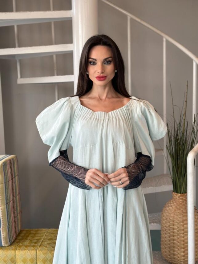 Pop off shoulder dress with knitted screen on hand linen materials