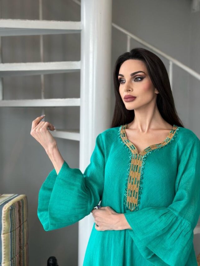 A line dainty dress, with beads & embroidery, Linen materials