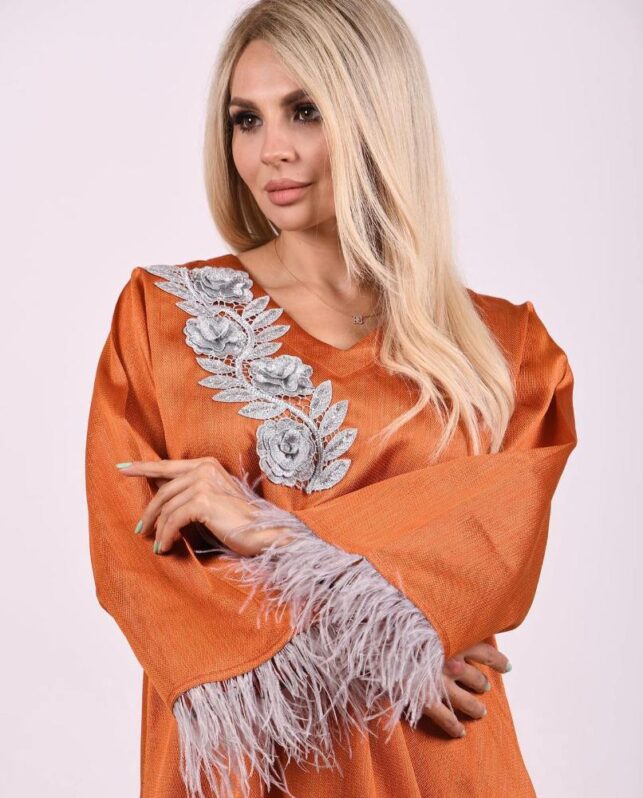 Dainty loose jalabiya with silver roses embroidery with fur, Nylon materials